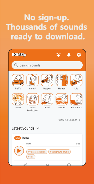 BGMZip app free sound effects library screen