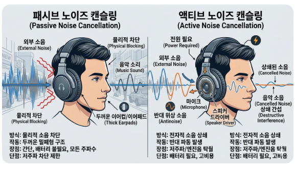 패시브 노이즈캔슬링과 액티브 노이즈캔슬링 방식 비교